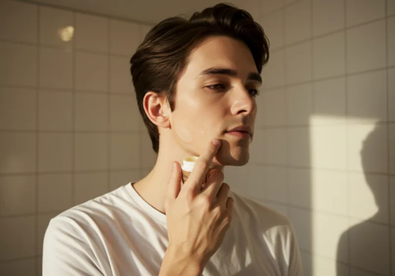 A drop of aftershave balm being applied to a man's freshly shaven jawline.
