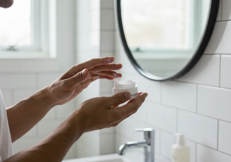 Close-up of hands applying moisturizer with SPF in a well-lit bathroom