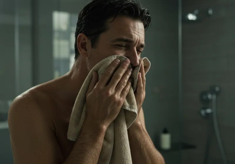 Man patting his face dry, then applying a gel with fingertips