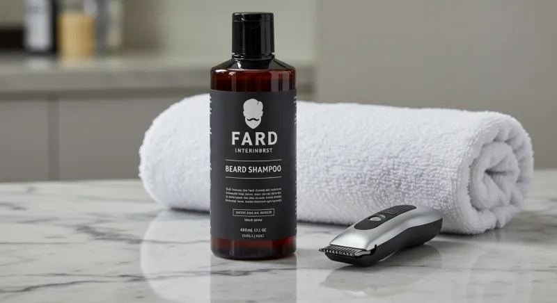 Close-up of beard shampoo, trimmer, and towel on a marble countertop