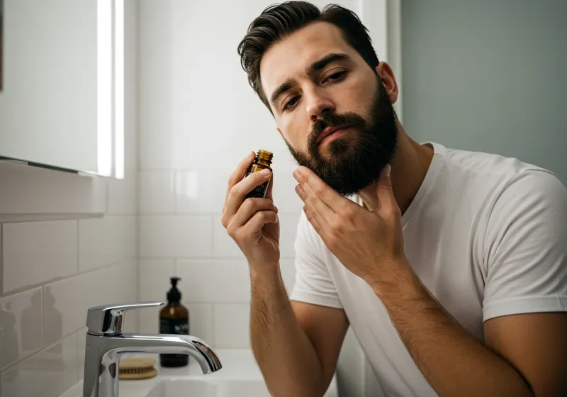 Hand applying beard oil to a damp beard at bathroom sink