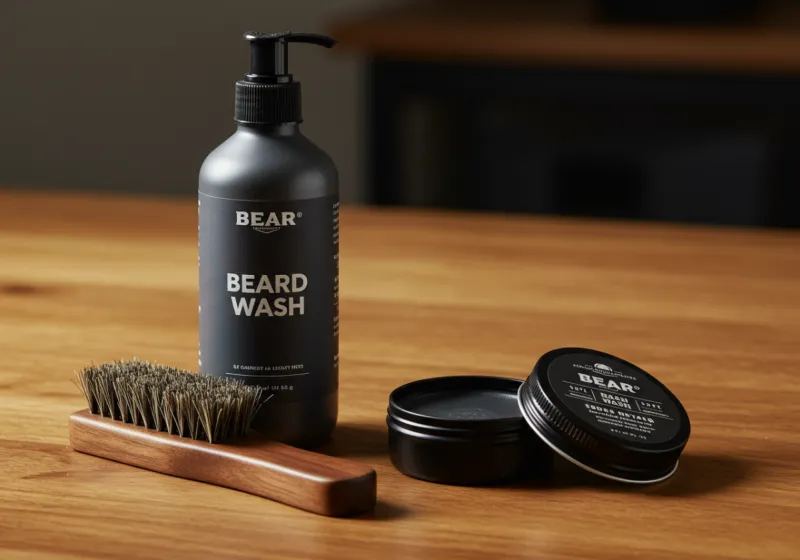 Flat-lay of beard wash bottles emphasizing natural-ingredients
