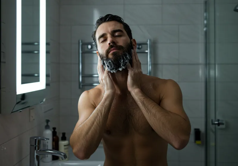 Four-panel sequence showing: wetting, shampooing, massaging, and towel-drying beard