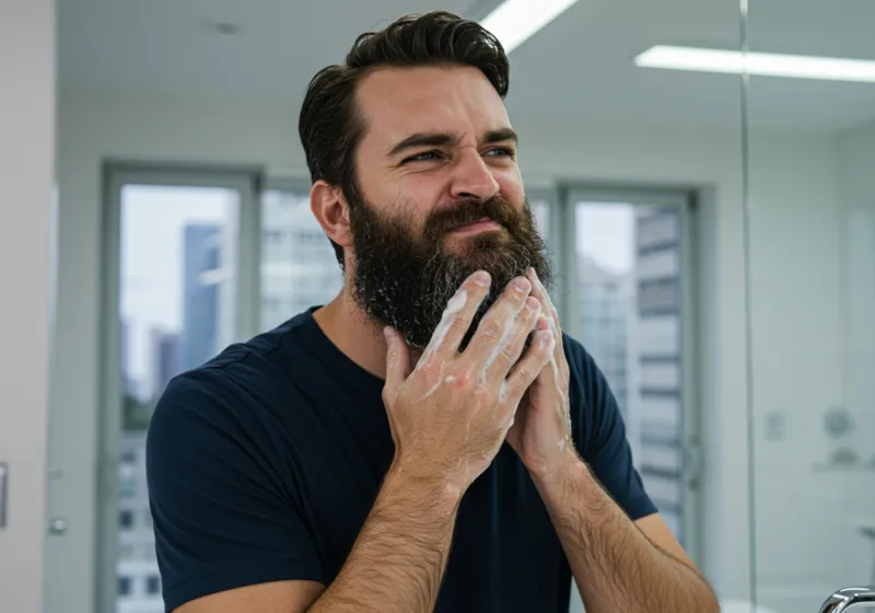 Modern gentleman rinsing his full beard under lukewarm tap water