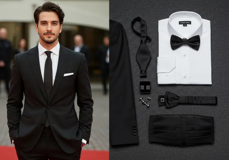 Split image: man in formal suit and flat-lay of tux components