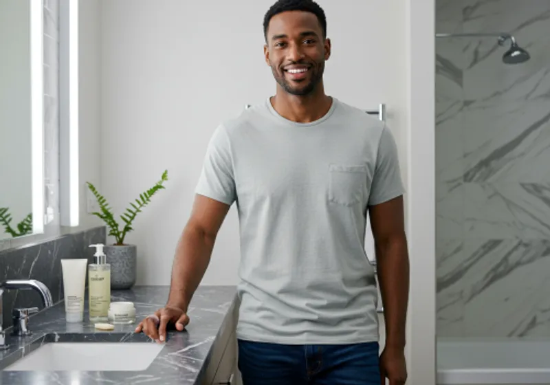 Before-and-after image of a man's complexion showing visible improvement after six weeks of a consistent routine.