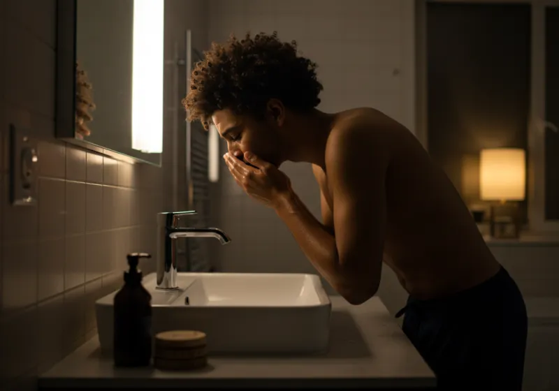 Evening bathroom scene: man washing face under soft light