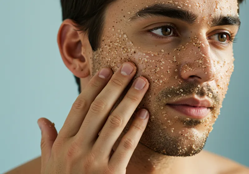 Three-panel sequence showing face washing, scrub application, and rinsing