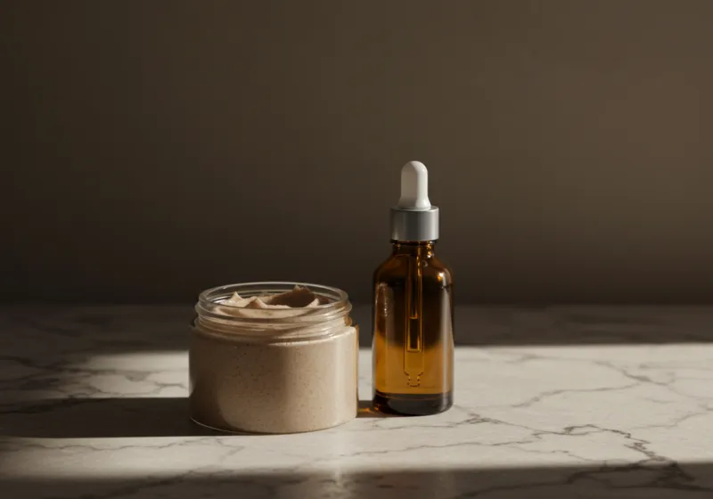 Side-by-side scene of a grainy scrub jar and a dropper bottle of serum on marble