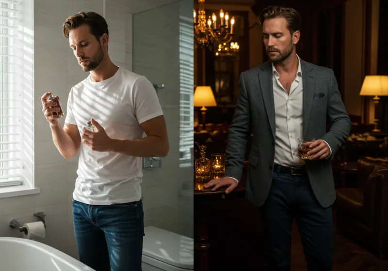 Diptych: left shows a man at a boardroom table applying cologne, right shows him in a blazer at a cocktail lounge.