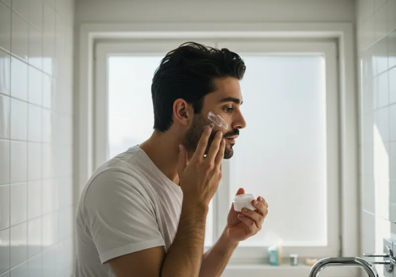 A close-up of water splashing onto a man's face with a gentle cleanser, contrasted with an image of a harsh scrub pot.