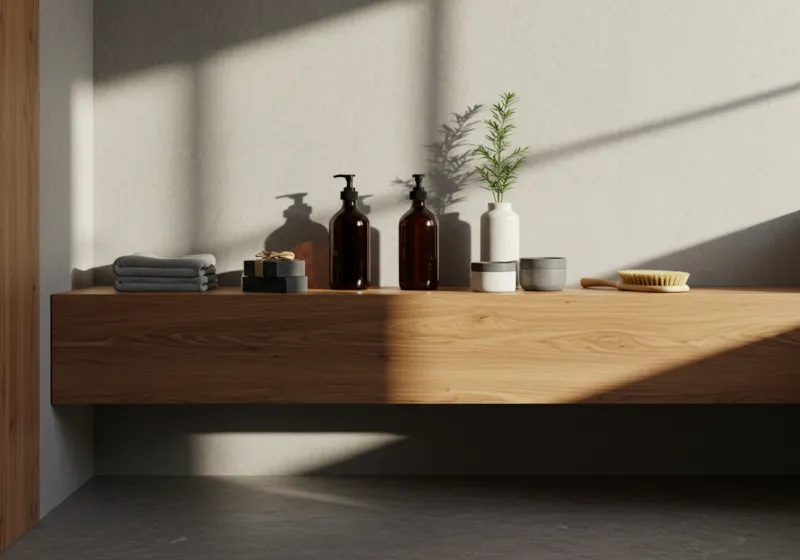 Bathroom shelf scene showing neat array of natural grooming products