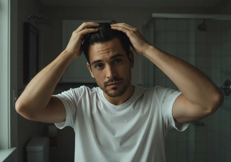 Hand stroking hair, llustrating oil transfer