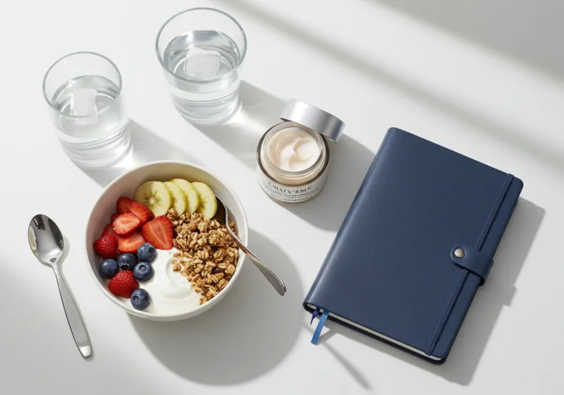 Flat-lay of healthy breakfast, water glass, open skincare jar, and journal