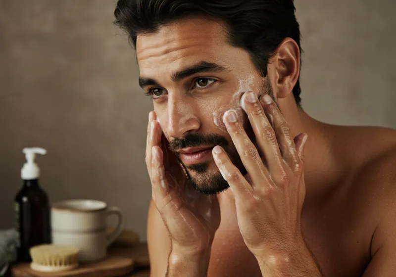 Split-screen of a man's cheek area showing dewy, hydrated skin versus flaky, dry skin.
