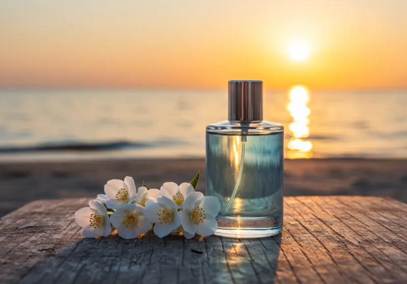 A light-blue bottle beside jasmine blooms on driftwood at sunrise by the sea.