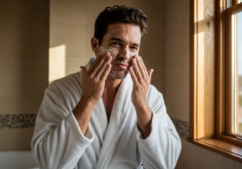 A man exfoliating his face with a scrub