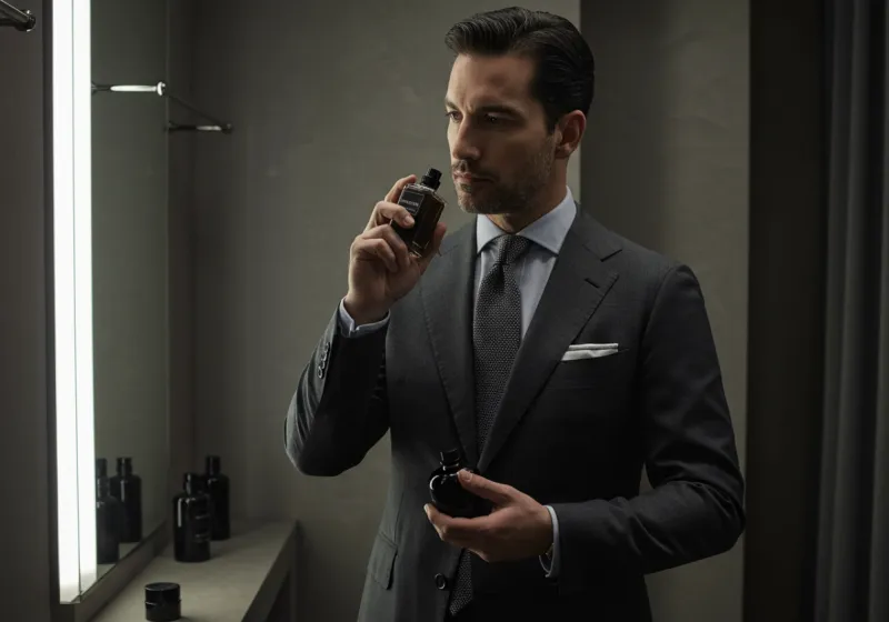 A well-dressed man in a softly lit dressing room, sampling cologne from a sleek bottle with a look of appreciation.