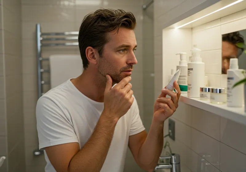 A well-groomed man standing at a bathroom sink, applying skincare products in natural light.