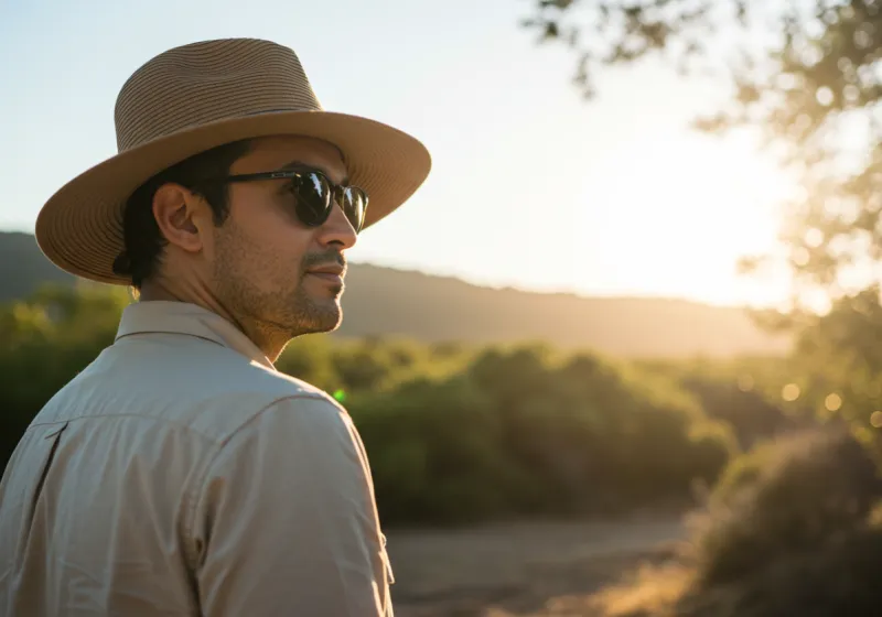 Man wearing a wide-brimmed hat and sunglasses outdoors in bright sunlight