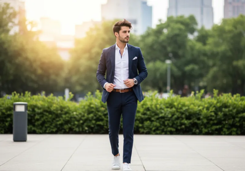 A stylish man wearing navy suit with clean white sneakers, subtle pocket square, and minimalist leather strap watch