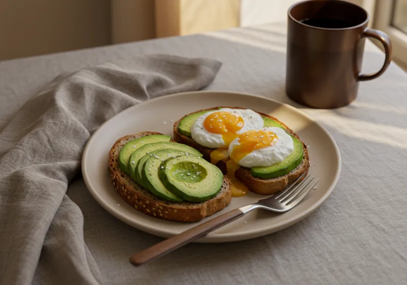Flat lay of an elegant breakfast plate (avocado toast, eggs) next to a leather-bound journal