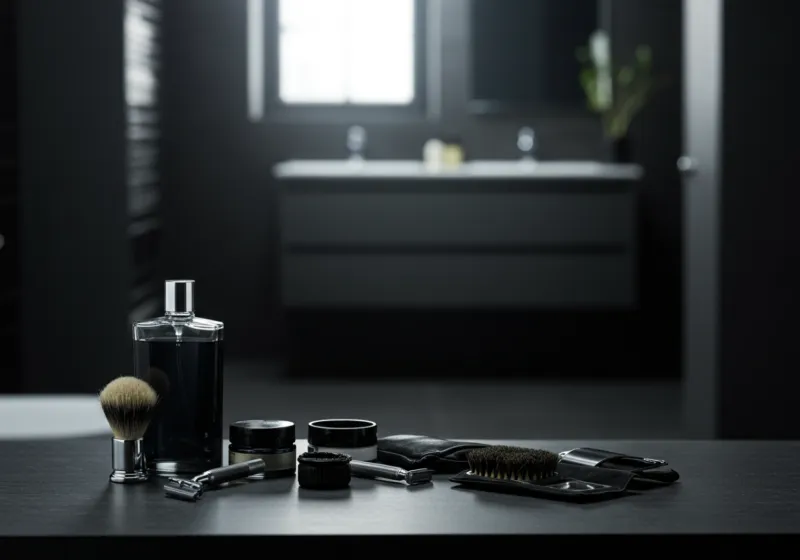 Cluttered counter table with multiple unused products