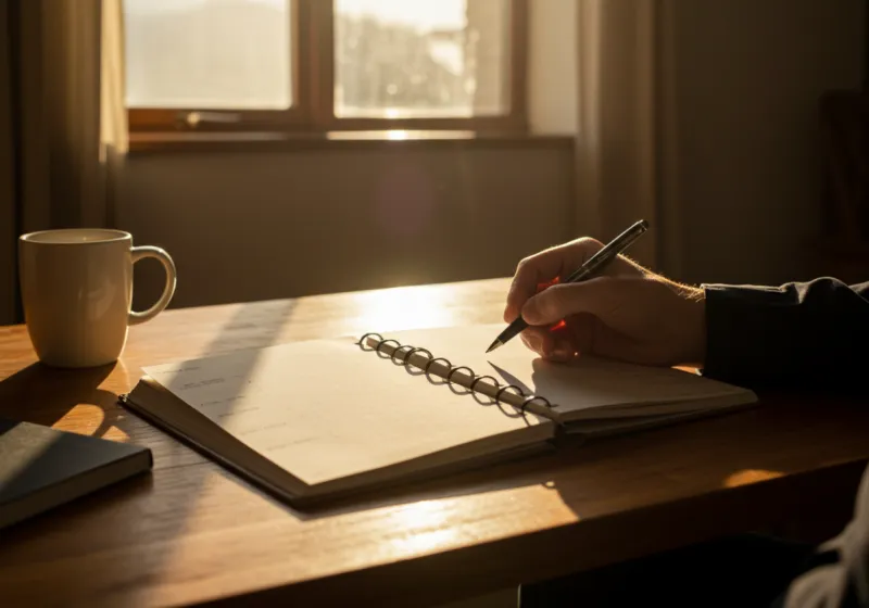 A man writing in an open planner