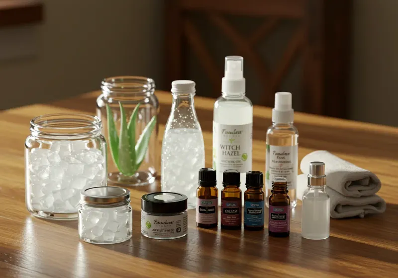Flat lay of each ingredient (jars of aloe gel, witch hazel, coconut oil, essential oils)