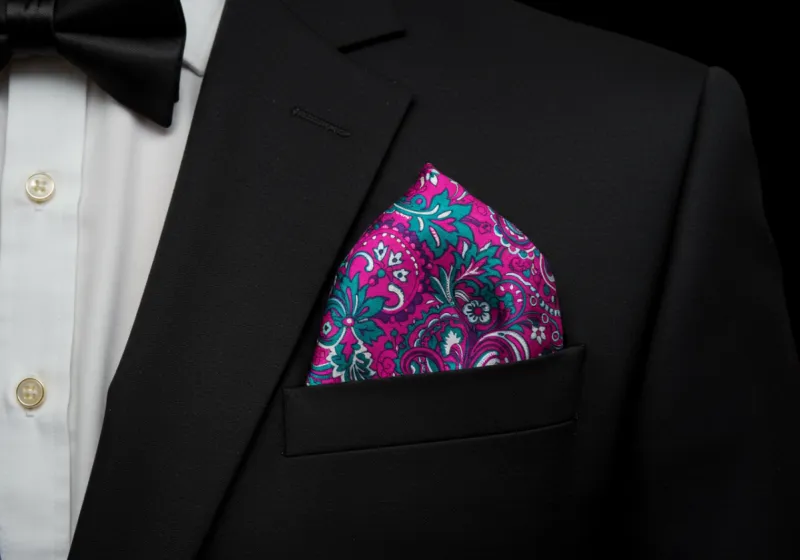 Close-up of vibrant pocket square in a tux pocket