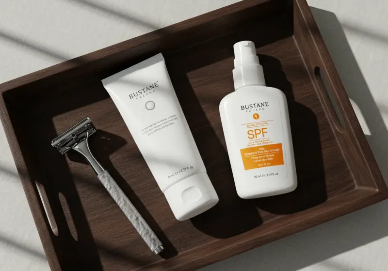 Flatlay of moisturizer tube, SPF bottle, and clean razor on wooden tray