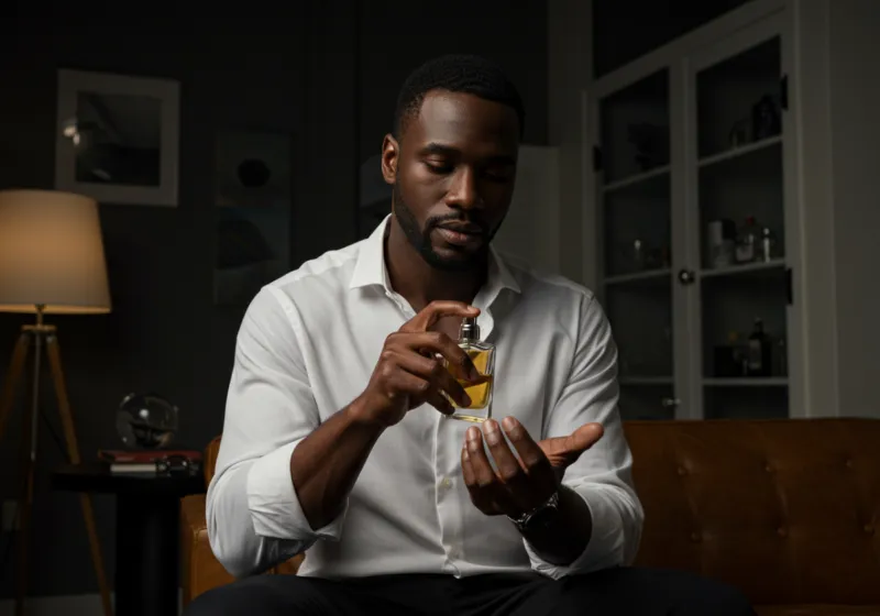 A man applying cologne to his wrist in an interior setting