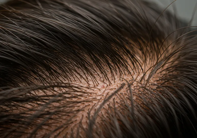 Macro close-up of a clean scalp showing hair follicles in natural light