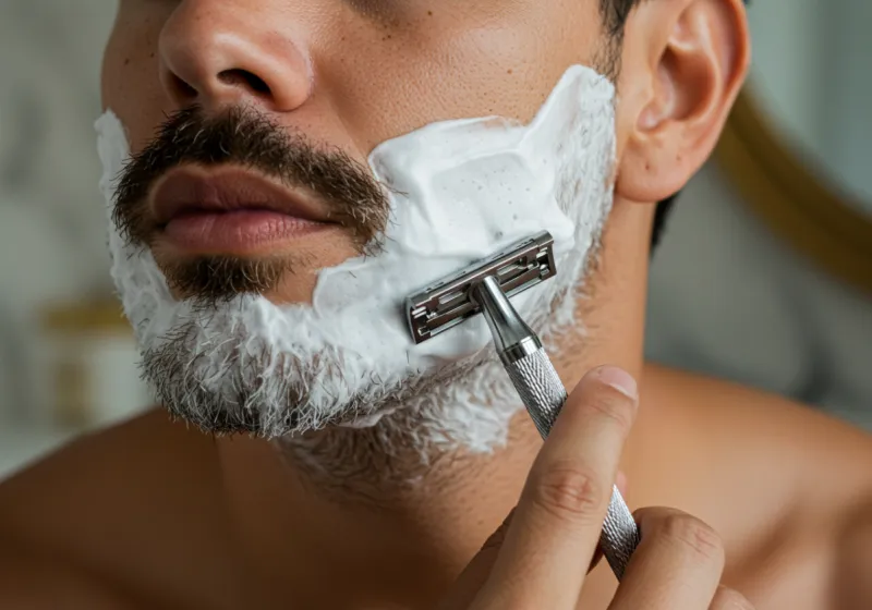 A gentleman holding a safety razor at a shallow angle, mid-stroke on the cheek, with creamy lather visible.