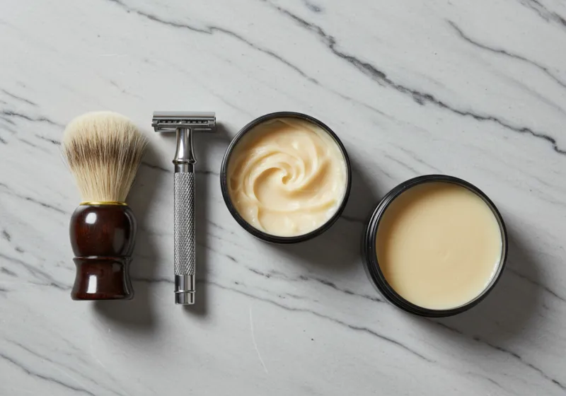 Neatly arranged flat-lay of a safety razor, shaving brush, and open shaving soap on a marble countertop.