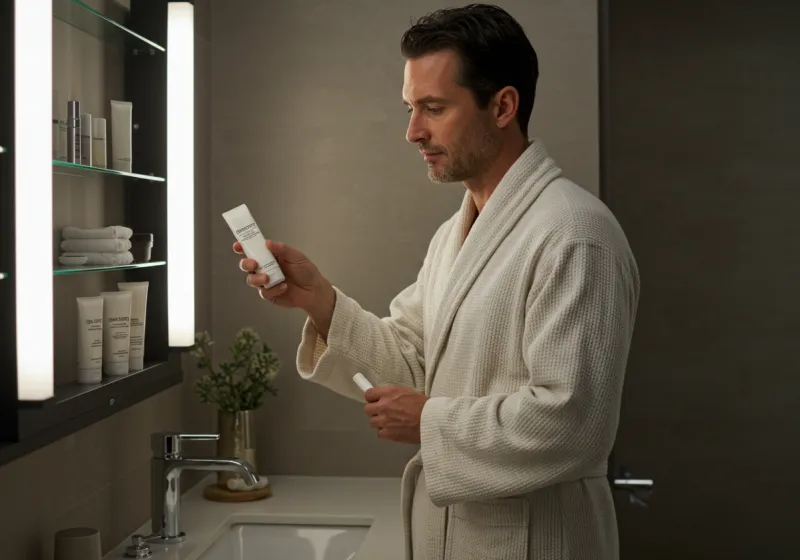 A graphic illustrating four male skin types (oily, dry, combination, sensitive) with recommended product icons beside each.