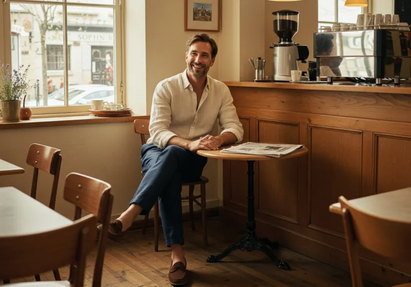 Real-life photo of a man in smart casual at a café