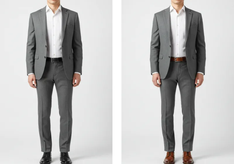 Side-by-side layout showing same grey suit with black vs. brown shoes and belt combos