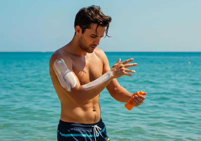 Step-by-step illustration of a man applying sunscreen evenly on his arms