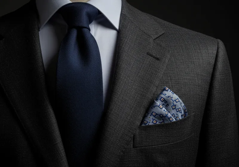 A suit jacket with tie and pocket square artfully arranged; subtle color harmony emphasized