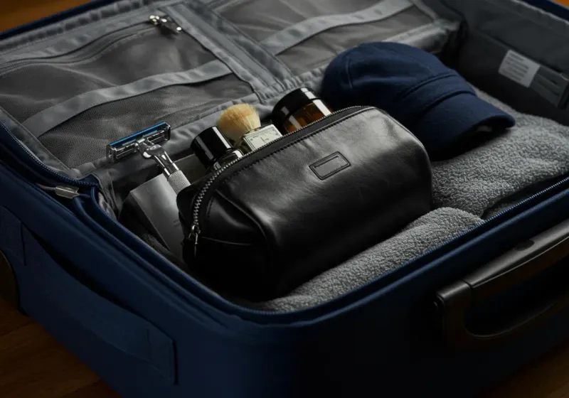 Compact dopp kit and grooming essentials neatly packed in a carry-on