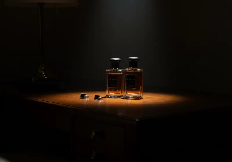 A dark-wood desk featuring a pair of amber and cedar-toned fragrance bottles beside cufflinks under low ambient light.